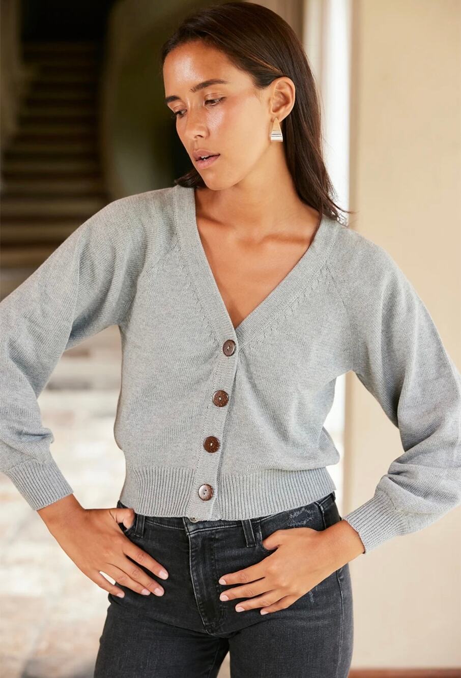 Paneros Greta Cardigan Button Up Gray Large Cotton Cozy Quiet Luxury
